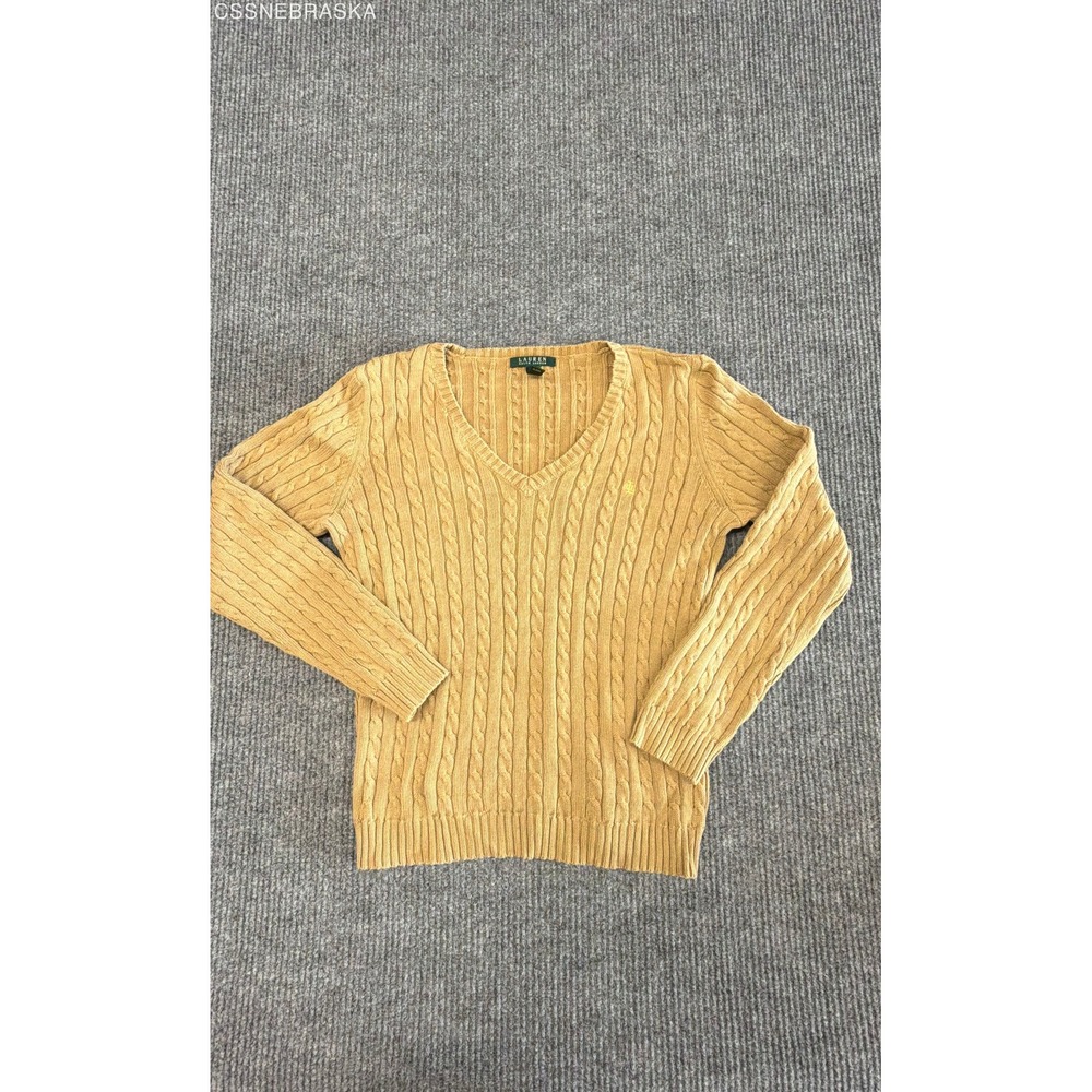 Lauren Ralph Lauren Yellow Women's Sweater V Neck Pullover Top Cable Knit Large